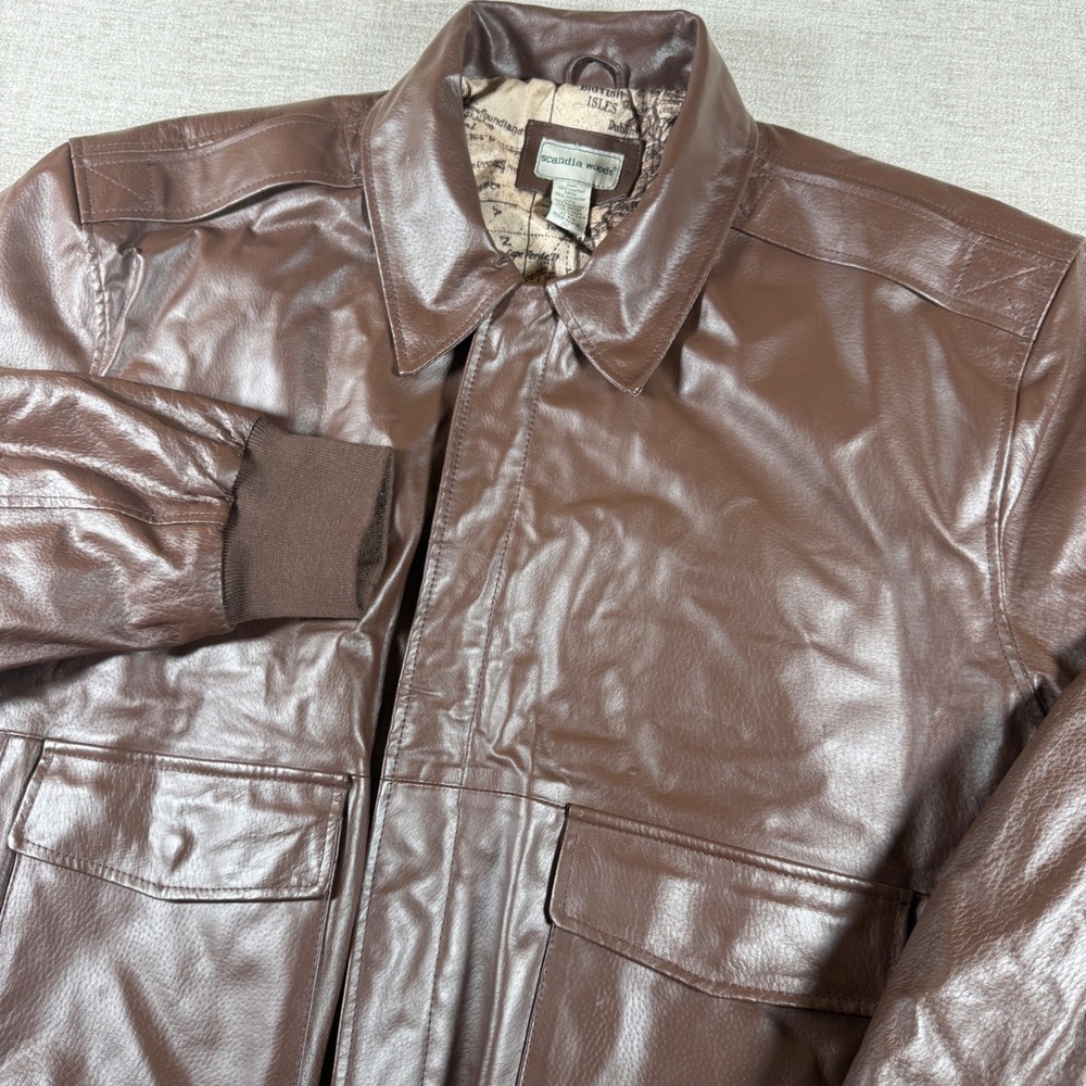 Scandia Woods Leather Bomber Jacket Mens XL Brown Map Lining PCN 80904B